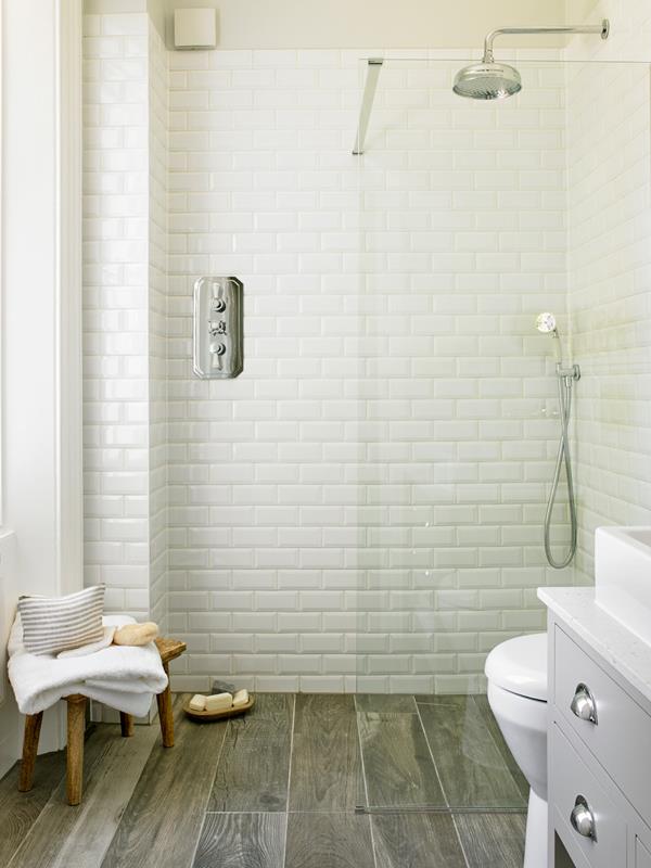 Transitional Corner Subway Tile Shower