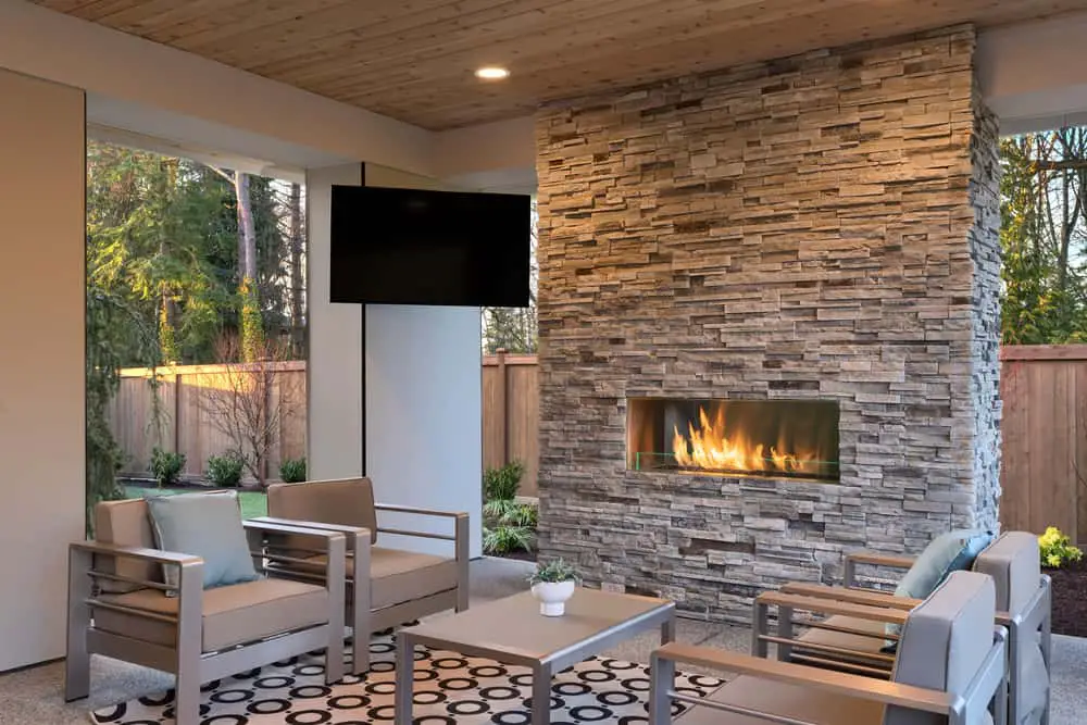 Luxury outdoor living room with TV and fireplace