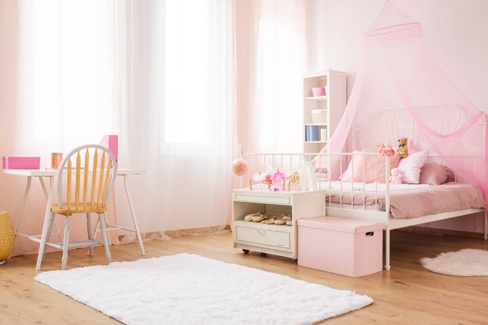 Pink little princess room with canopy bed, desk and chair
