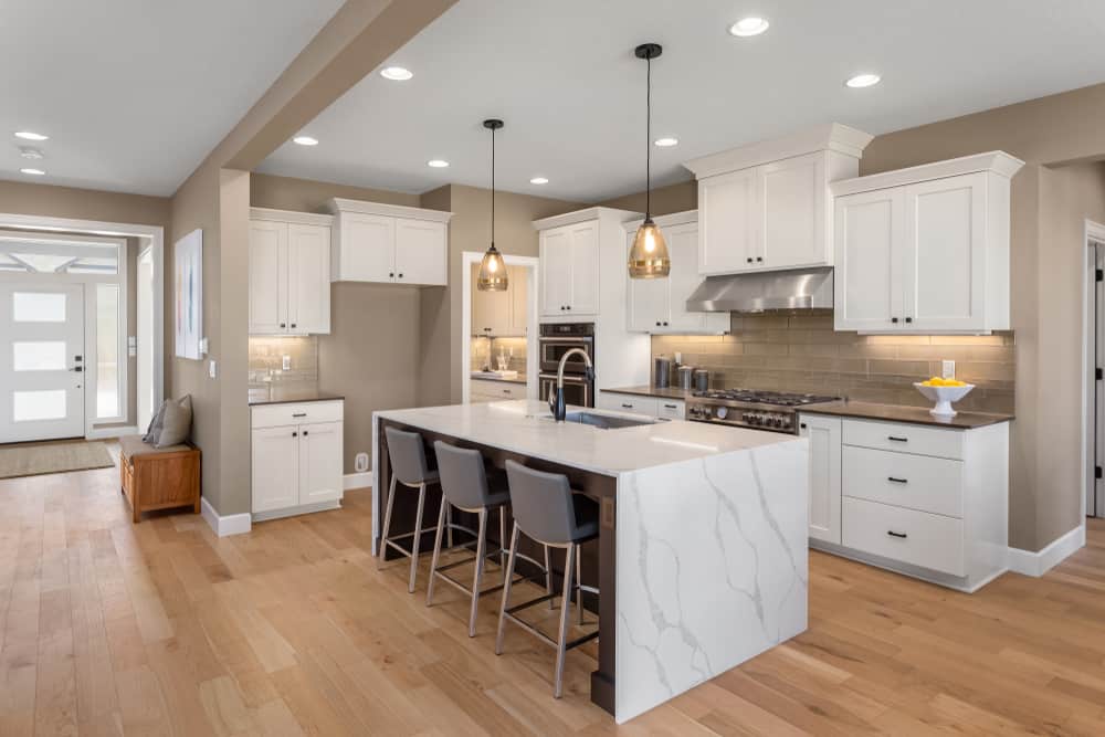 kitchen with waterfall island